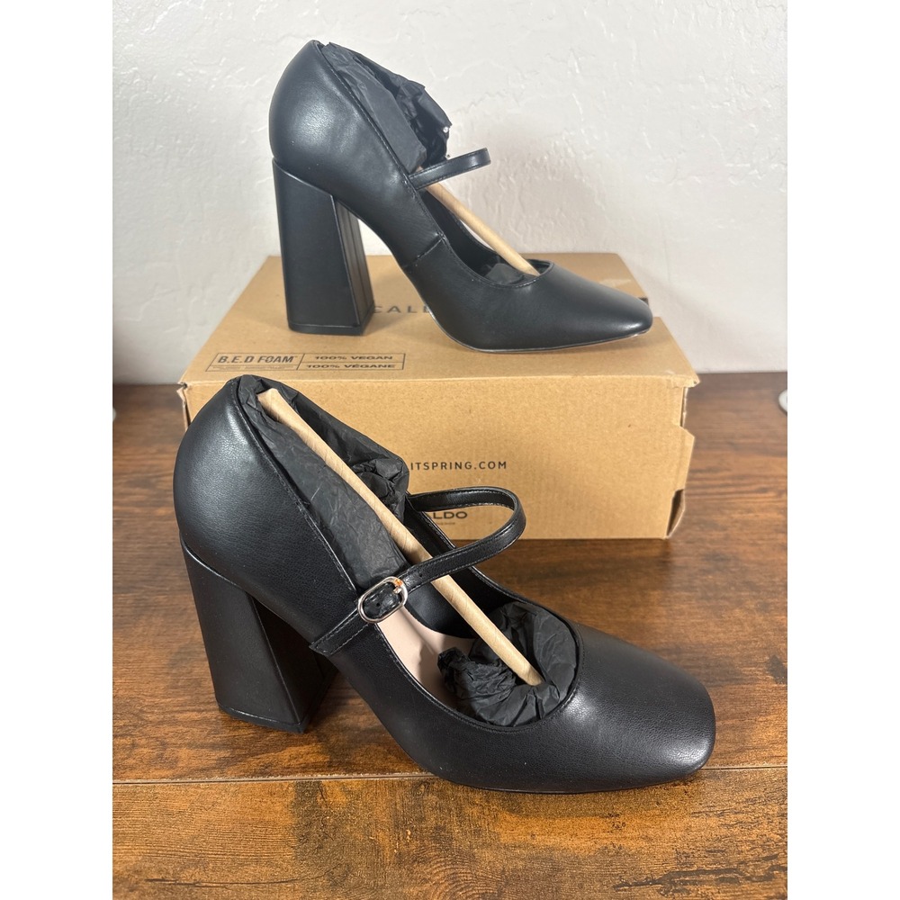 Call It Spring Black Vegan Leather Mary Jane Block Heel Square- Pumps 4 Inch 7 B